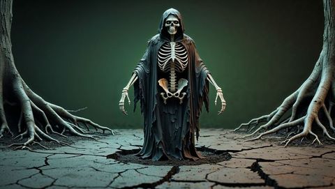 Eerie grim reaper in tattered cloak on cracked desolate ground