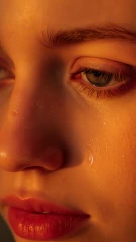 Vertical close-up woman blinking and gazing down left with tear sliding in golden light