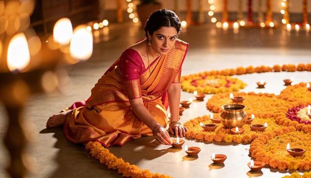 Indian woman lighting clay diyas on marigold rangoli during festival celebration