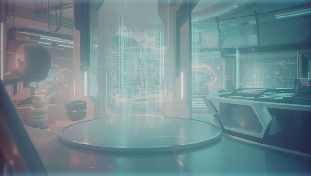 Futuristic high-tech lab with holographic display