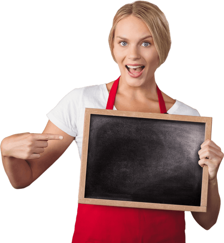 Excited Woman in Red Apron Holding Blank Chalkboard on Transparent Background - Download Free Stock Videos Pikwizard.com