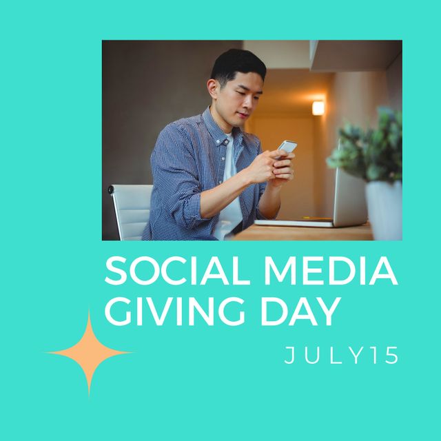 Young Asian Man Using Smartphone for Social Media Giving Day - Download Free Stock Templates Pikwizard.com