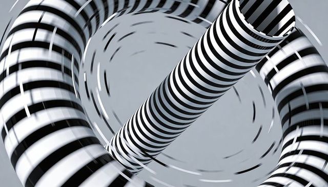 Rotating black-and-white striped torus piercing diagonal cylinder abstract 3d motion
