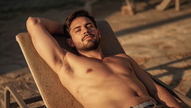 Shirtless man relaxing and sunbathing on lounge chair during golden hour at beachside