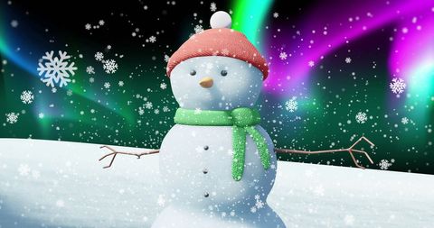 Snowman in Winter Wonderland Under Northern Lights - Download Free Stock Images Pikwizard.com