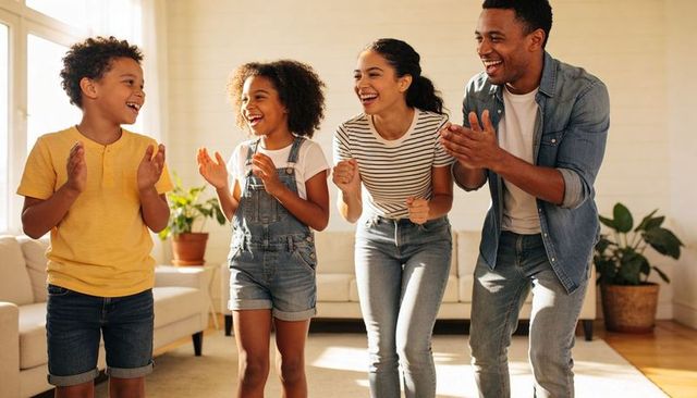 Sunlit family clapping and laughing together in casual denim living room