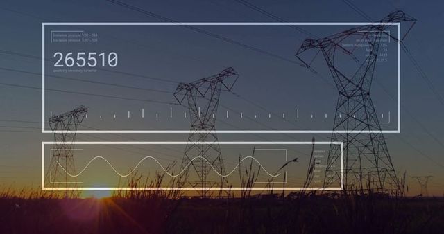 Silhouette of Power Lines at Sunset with Data Overlay