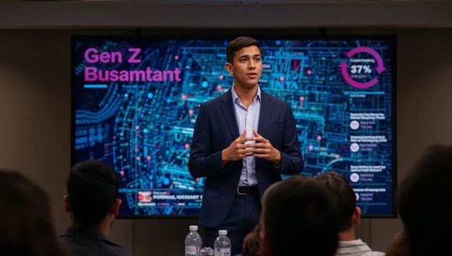 Presenting gen z tech strategy in boardroom with interactive data display and audience