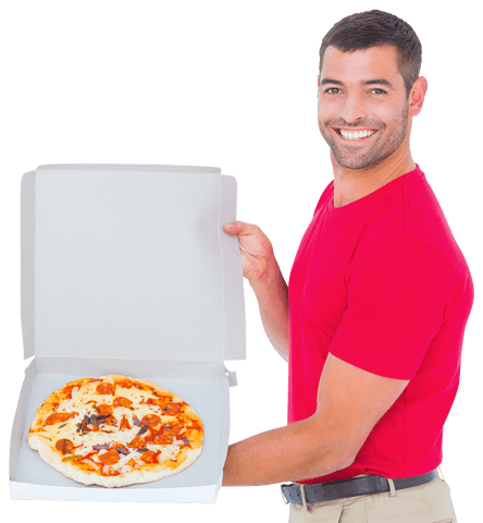 smiling delivery man holding pizza box on transparent background - Download Free Stock Videos Pikwizard.com