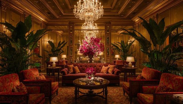 Opulent hotel lounge with gilded chandeliers, plush red seating and grand floral centerpiece