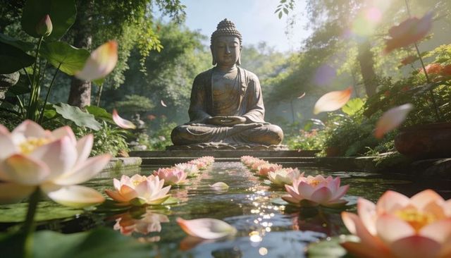 Serene buddha statue meditating above lotus pond with sunlit garden reflection for wellness