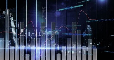 Futuristic Financial Dashboard Overlay on City Skyline