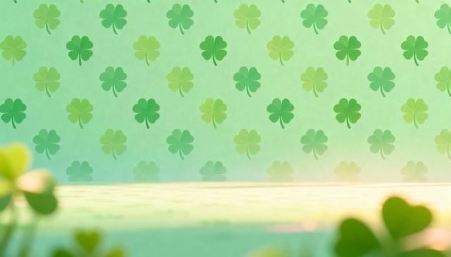 Pastel shamrock pattern backdrop on wooden tabletop with soft bokeh and sun flare