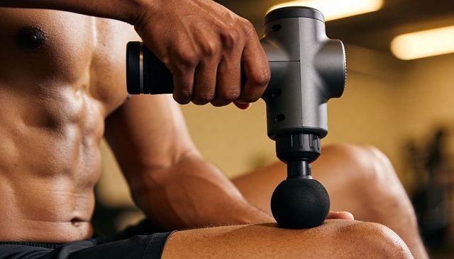 Male athlete using percussion massage gun on thigh for muscle recovery and pain relief
