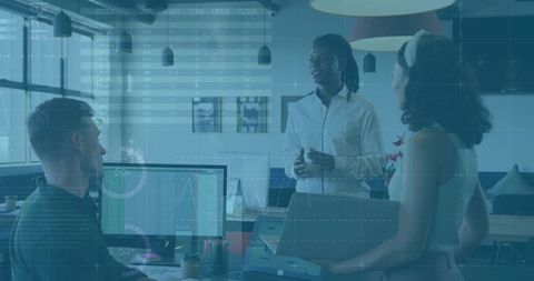 Team Collaborating with Data Visualizations in Modern Office