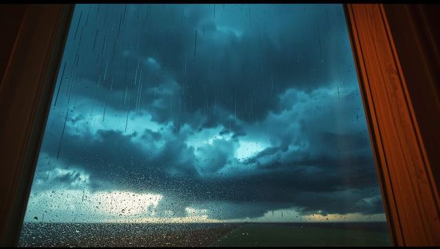 Moody sky and rainfall seen through window frame