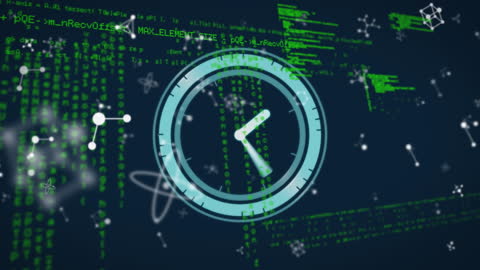 Animated Clock Overlaid on Data Screen with Tech Elements