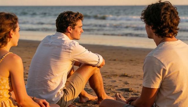 Three friends reflecting at golden hour on sandy beach facing quiet ocean and shoreline