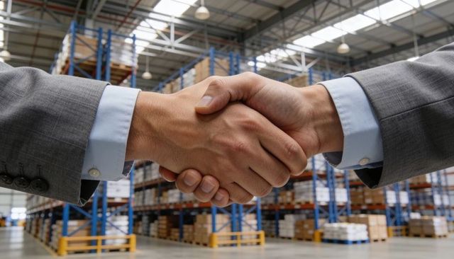 Business handshake in warehouse sealing logistics partnership and supply chain agreement