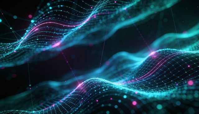 Neon mesh waves flowing through virtual 3d data space with glowing nodes and grid