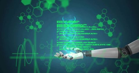 Robot forearm projecting holographic dna helix and code in futuristic cyber lab