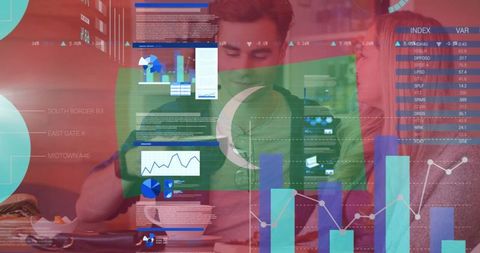Business team analyzing data amid pakistan flag and charts