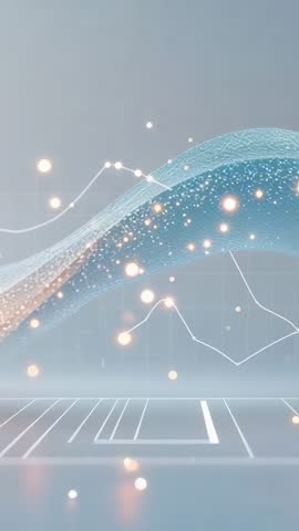 Vertical data ribbon visualizing rising analytics wave with glowing particles, line graphs