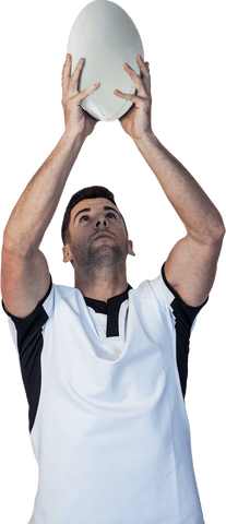 Transparent rugby player holding rugby ball viewed from below