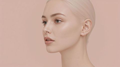 Platinum blonde beautiful lady model in studio with elegant minimalistic aesthetic