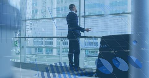 Businessman analyzing financial data with smartphone technology overlay