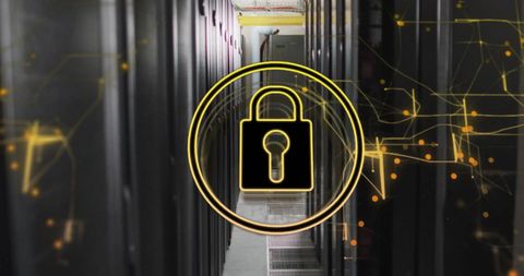Cybersecurity Icon Over Binary Code in Server Room Setting - Download Free Stock Images Pikwizard.com