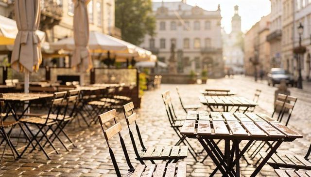 Sunlit wet cobblestone cafe terrace reflecting warm light on wooden tables and chairs