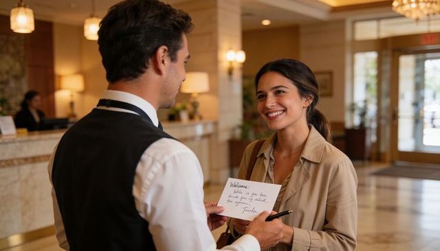 Hotel concierge handing handwritten welcome note to smiling guest in elegant marble lobby