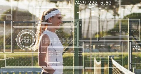 Young Female Tennis Player Standing Smiling by Net at Sunset with Digital Data Overlays