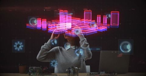 Woman Engaging with Digital Interface Using VR Headset
