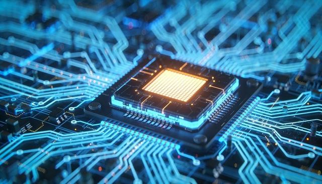Glowing AI Microprocessor Emitting Warm Core Light on Neon Circuit Board