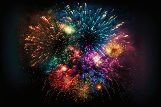 This visually stunning depiction of multi-colored fireworks exploding against a dark sky can be used for various promotional materials related to festivals, holidays, celebrations, and special events. Ideal for advertising, posters, invitations, and social media graphics. The image conveys excitement, joy, and festivity, perfect for enhancing a lively and celebratory mood.
