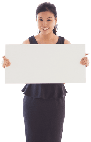 Happy asian businesswoman holding blank white card transparent png