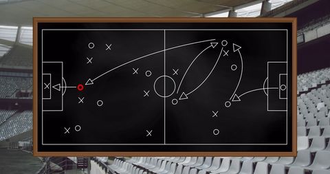 Strategy Chalkboard with Soccer Field Art in Stadium Background