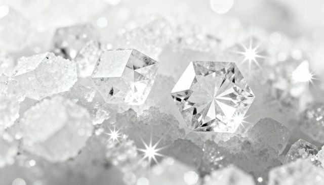 Sparkling faceted crystal with radial starburst reflections on frosted crystalline surface