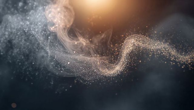 Abstract swirling mist with golden particles in dark space