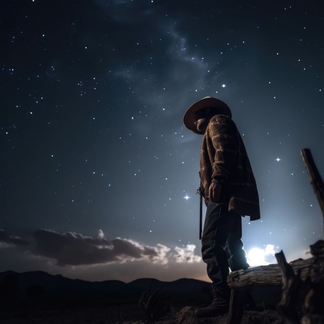 Silhouetted cowboy standing in desert at night under a sky full of stars. Use this evocative image to represent themes of adventure, solitude, western lifestyle, and late-night wilderness scenes. Ideal for use in websites, blogs, or marketing materials focused on travel, outdoor living, or Americana.