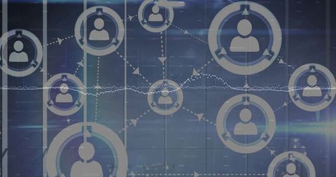 Blue digital network visualization with user nodes, data flow and connectivity dashboard