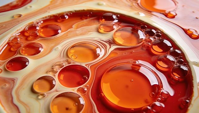 Glossy amber oil droplets forming marbled concentric rings macro abstract