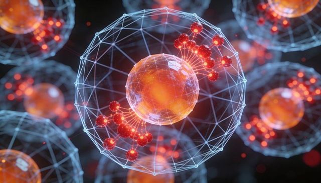 Glowing molecular network surrounding amber core with geodesic mesh and filament links