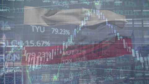 Russia Flag Overlaid with Stock Market Data Analysis