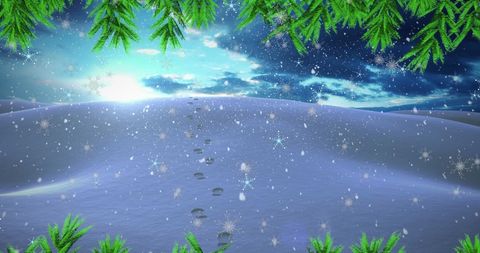 Snowy winter landscape with falling snowflakes and footprints