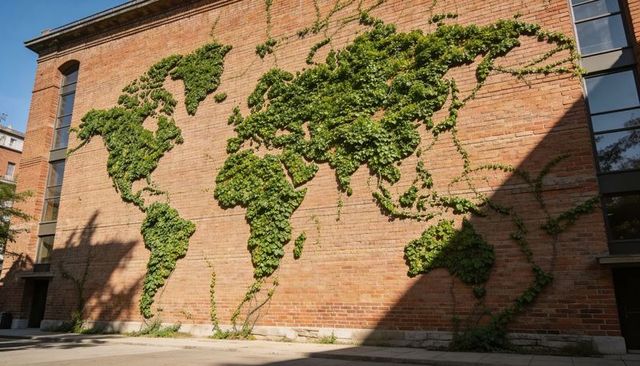 Ivy world map climbing red brick wall urban courtyard sunlit shadows and glass windows