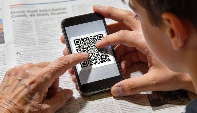 Senior guiding teen scanning qr code on smartphone over newspaper, intergenerational tech learning
