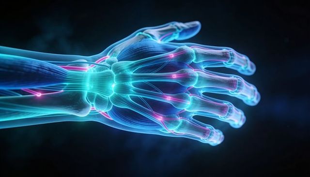 Glowing 3d hand anatomy rendering showing bones, tendons and nerve nodes in cyan